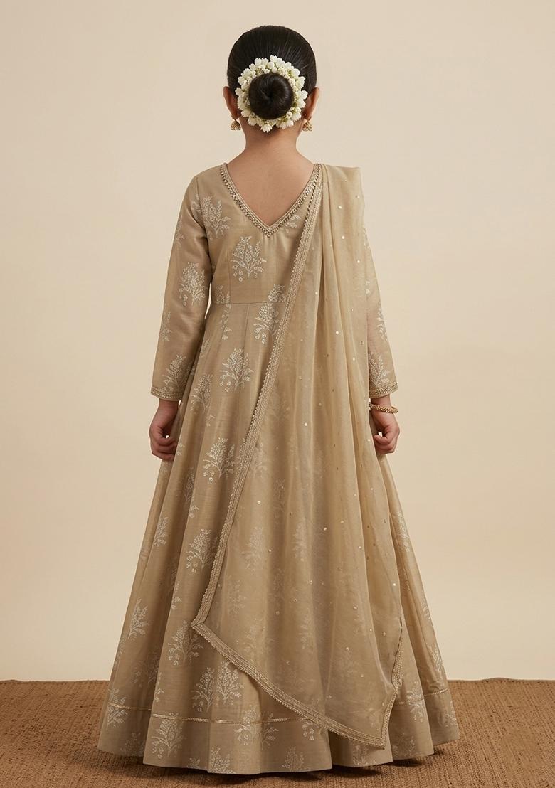 Girls Beige Brocade Anarkali With Dupatta - Indya