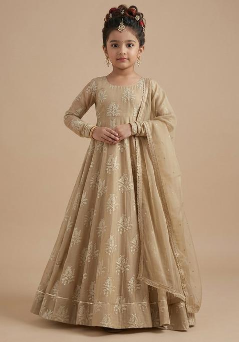 Girls Beige Brocade Anarkali With Dupatta