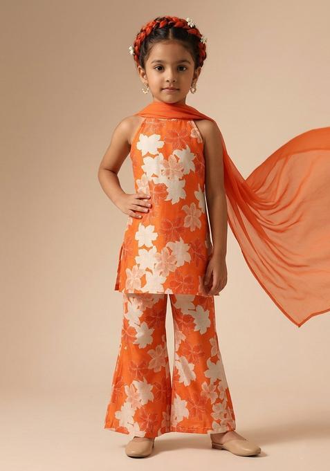Girls Orange Floral Print Crepe Co Ord Set