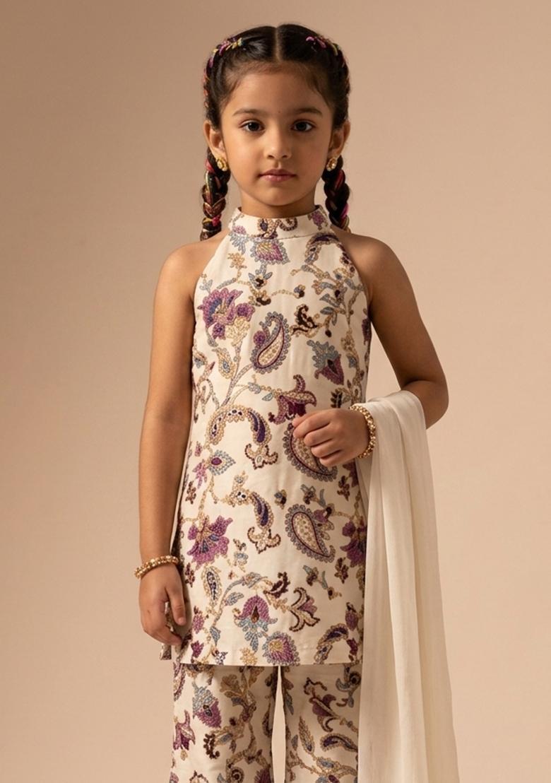 Girls Cream Printed Crepe Co Ord Set - Indya