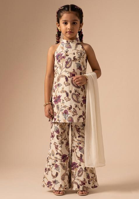 Girls Cream Printed Crepe Co Ord Set
