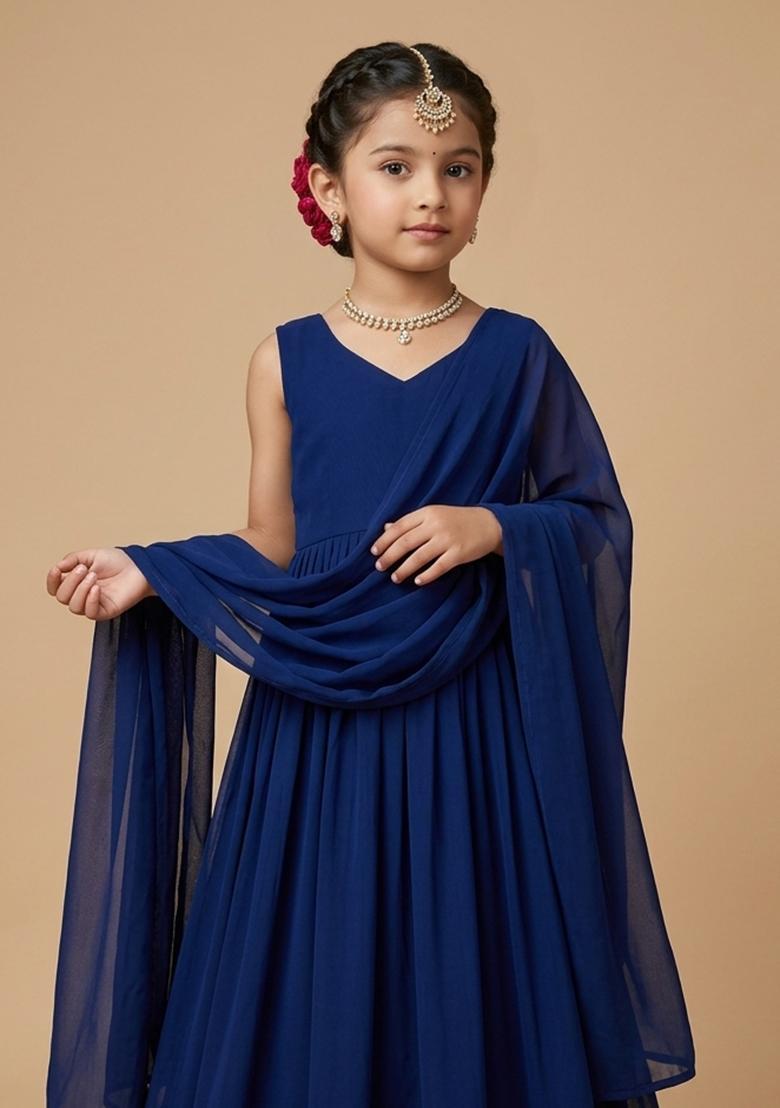 Girls Navy Blue Embroidered Georgette Anarkali With Dupatta - Indya