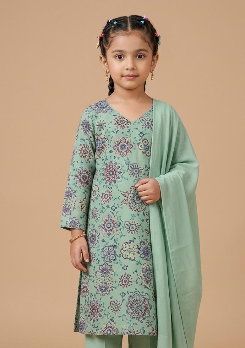 Girls Sage Green Printed Crepe Straight Kurta Set - Indya