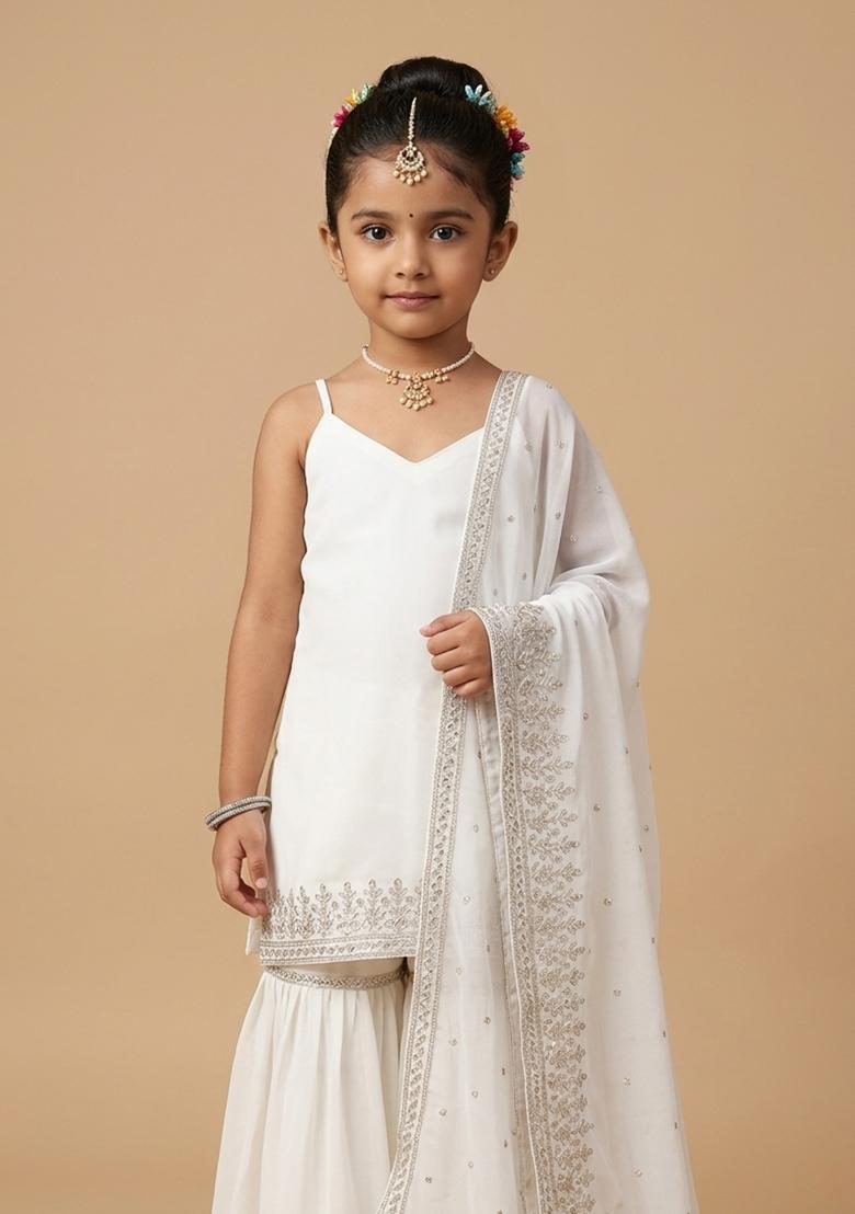 Girls Off White Solid Chinon Sharara Set - Indya