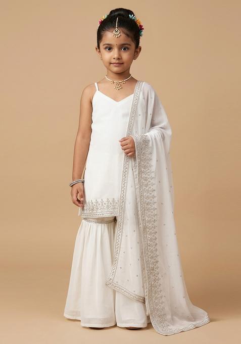 Girls Off White Solid Chinon Sharara Set