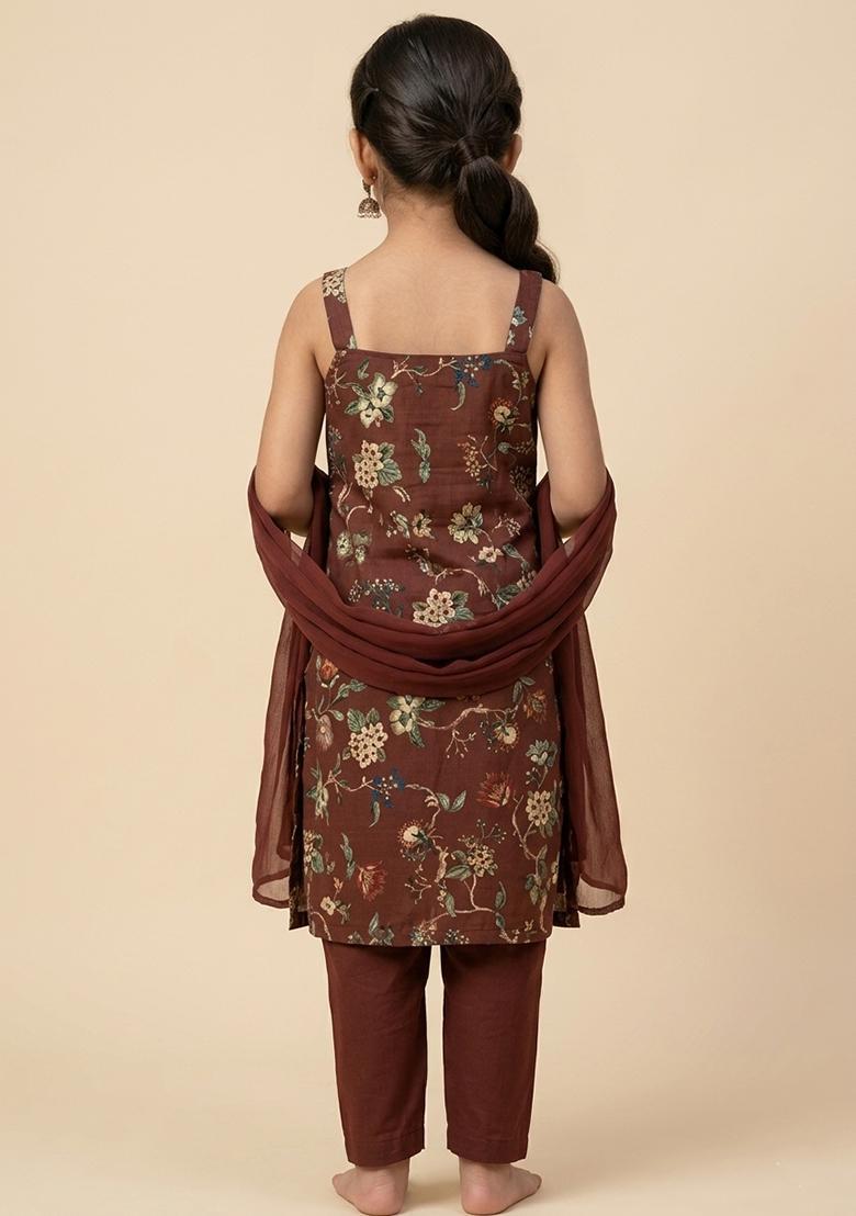 Girls Maroon Floral Print Silk Straight Kurta Set - Indya