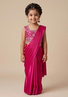 Girls Berry Pink Hand Work Embellished Georgette Pre Draped Saree Set