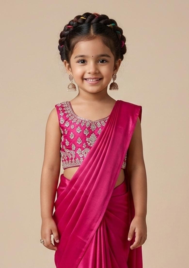 Girls Berry Pink Hand Work Embellished Georgette Pre Draped Saree Set - Indya