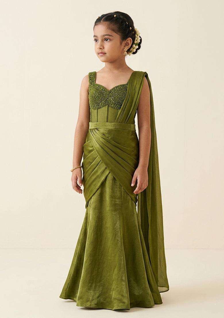 Girls Olive Green Hand Work Embellished Silk Pre Draped Saree Set - Indya