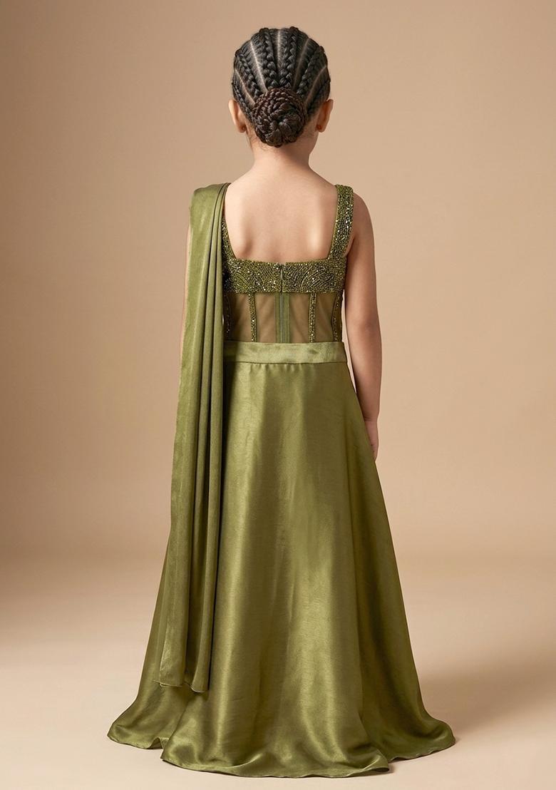 Girls Olive Green Hand Work Embellished Silk Pre Draped Saree Set - Indya