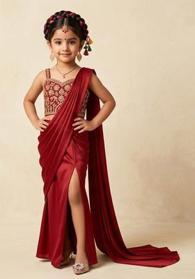 Girls Bright Red Hand Work Embellished Pre Draped Saree Set
