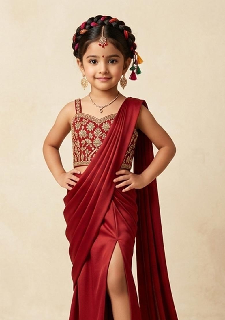 Girls Bright Red Hand Work Embellished Pre Draped Saree Set - Indya