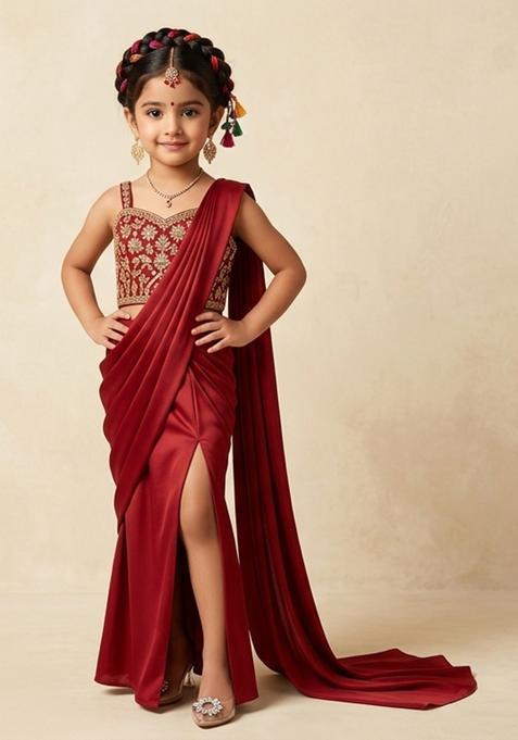 Girls Bright Red Hand Work Embellished Pre Draped Saree Set