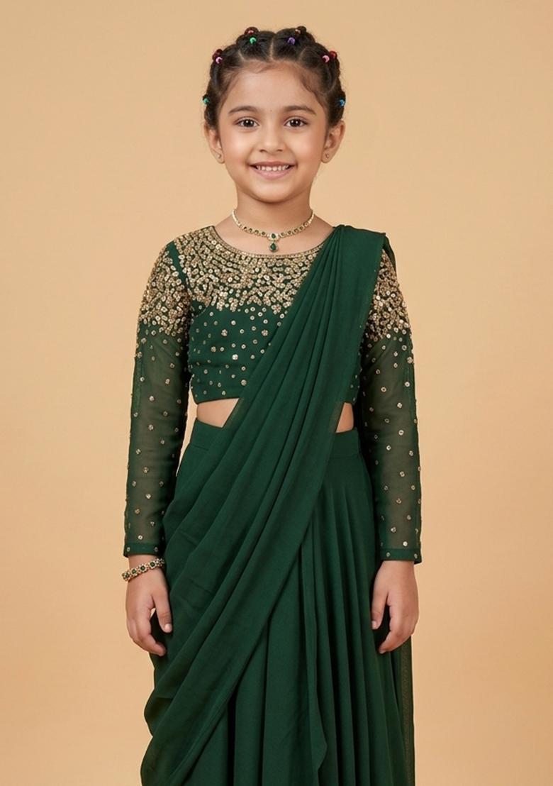 Girls Green Hand Work Embellished Pre Draped Saree Set - Indya