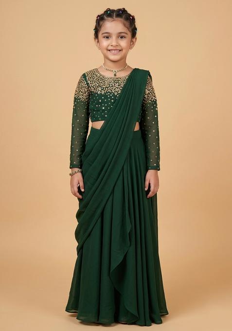 Girls Green Hand Work Embellished Pre Draped Saree Set