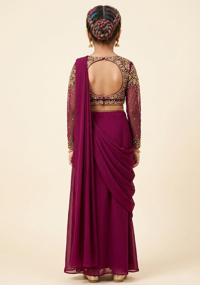 Girls Pink Hand Work Embellished Pre Draped Saree Set - Indya