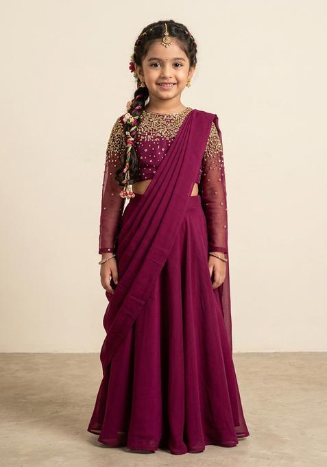 Girls Pink Hand Work Embellished Pre Draped Saree Set