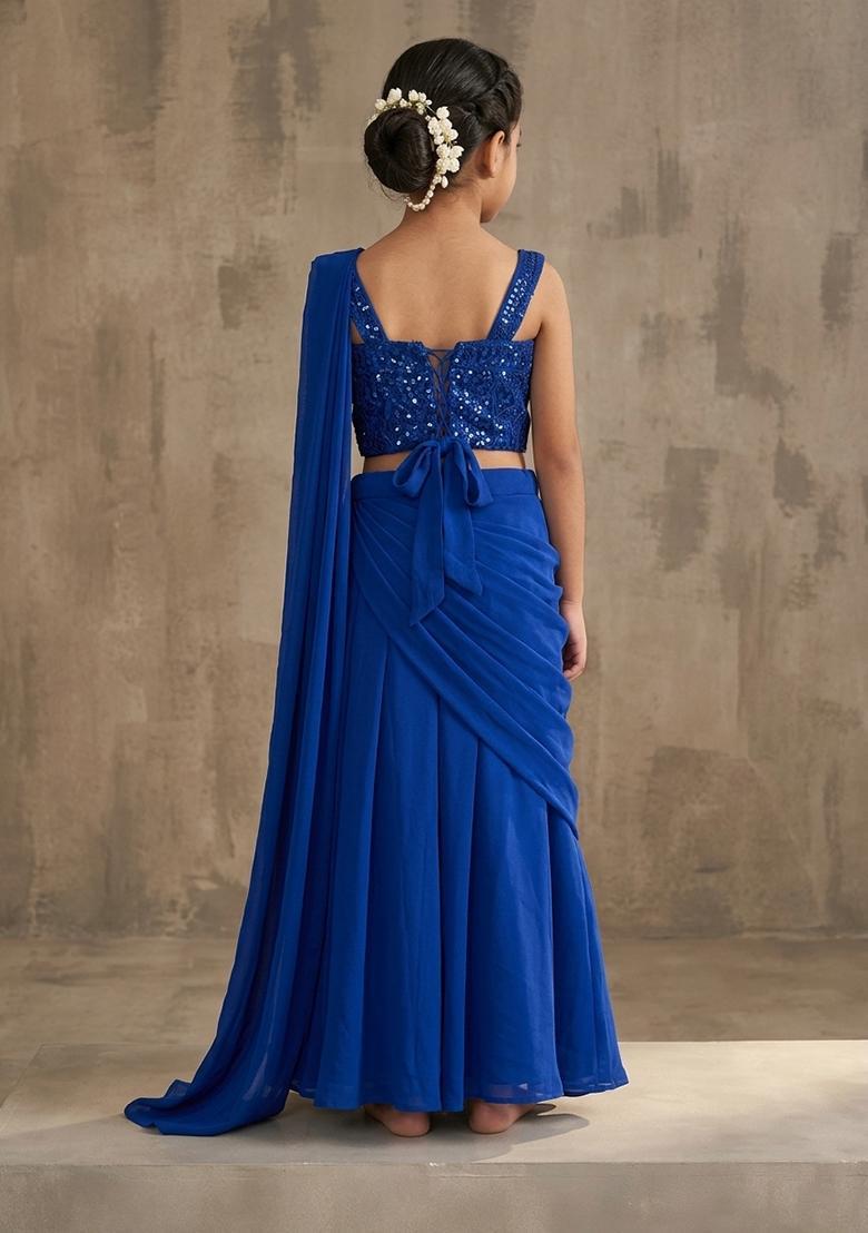 Girls Blue Hand Work Embellished Pre Draped Saree Set - Indya