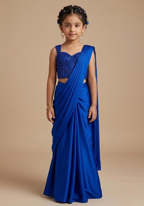 Girls Blue Hand Work Embellished Pre Draped Saree Set