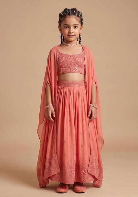 Girl's Coral Pink Hand Work Chinon Lehenga Set