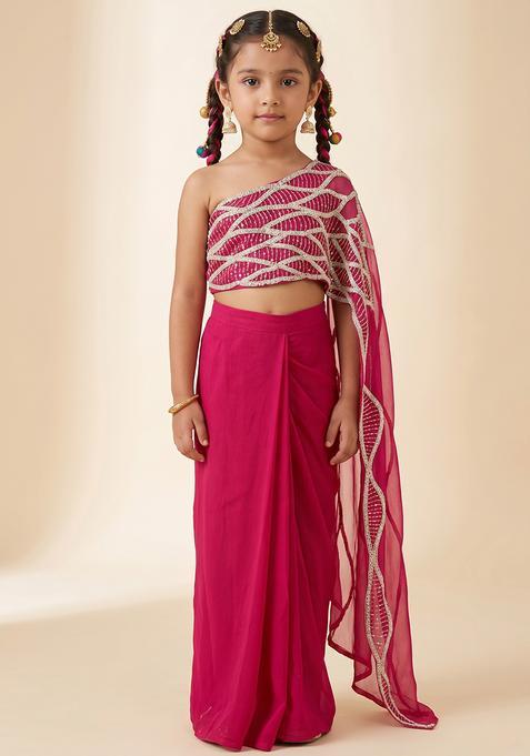 Girl's Hot Pink Hand Work Embroidered Chinon Fusion Set