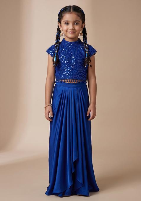 Girl's Royal Blue Satin Handwork Fusion Set