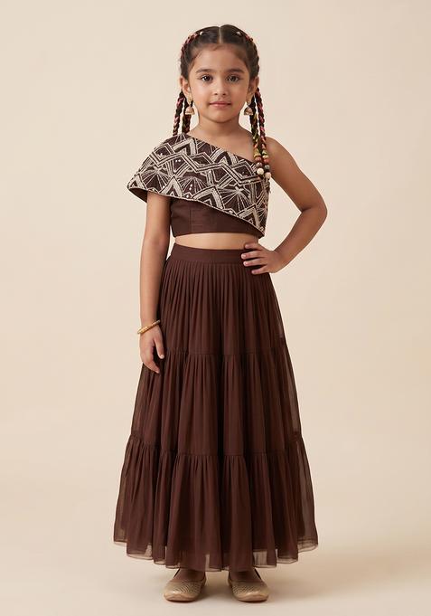 Girl's Chestnut Brown Chinon Embellished Handwork Fusion Set