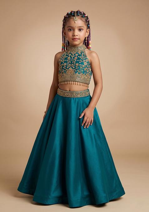 Girl's Teal Crepe Embellished Handwork Fusion Set