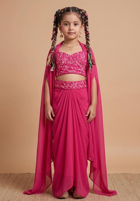 Girl's Raspberry Pink Crepe Embroidered Handwork Fusion Set