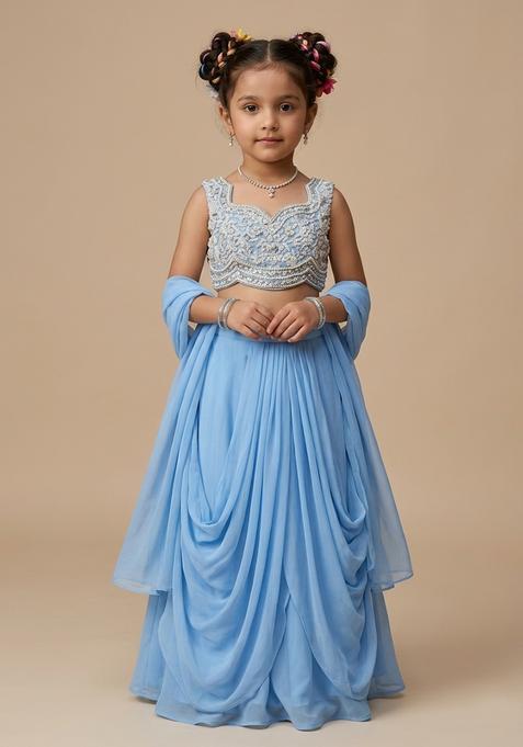 Girl's Sky Blue Crepe Embroidered Handwork Fusion Set