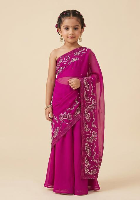 Girl's Pink Crepe Embroidered Handwork Fusion Set