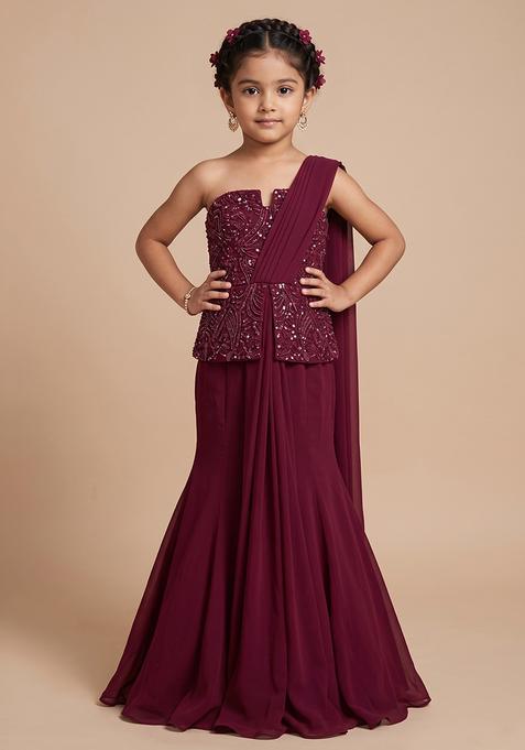 Girl's Wine Crepe Embellished Handwork Fusion Set