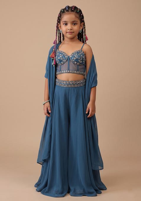 Girl's Blue Embroidered Handwork Fusion Set