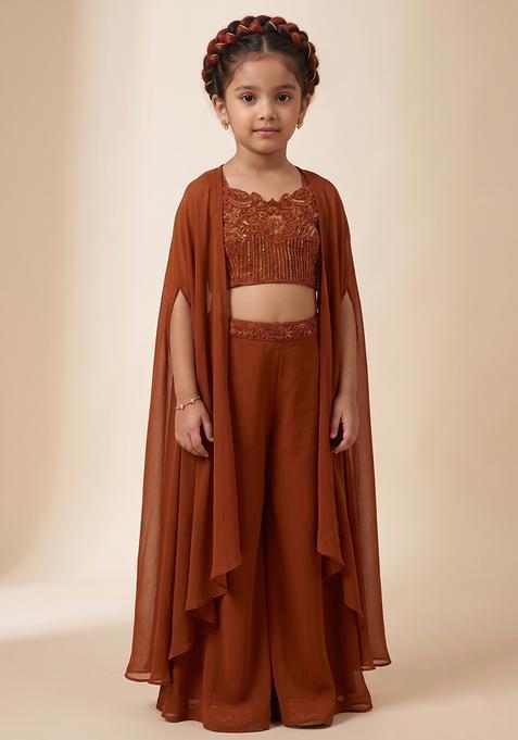 Girl's Brown Embroidered Handwork Fusion Set