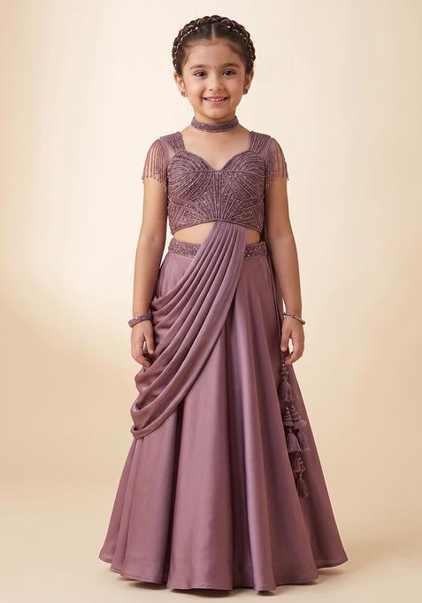 Girl's Lavendar Embroidered Handwork Lehenga Set