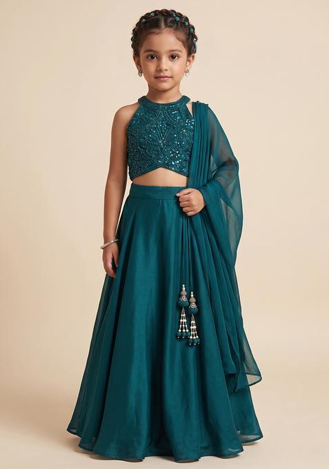 Girl's Teal Green Handwork Lehenga Set