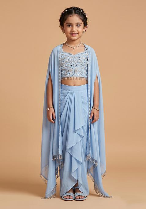 Girl's Powder Blue Embroidered Handwork Fusion Set