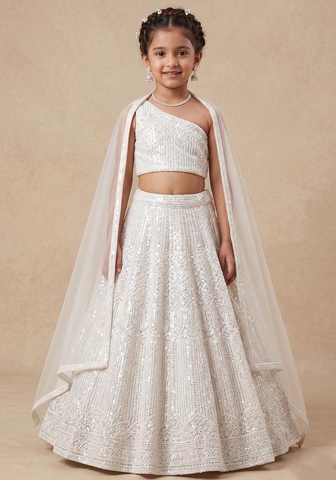 Girl's Off White Sequin Georgette Lehenga Set