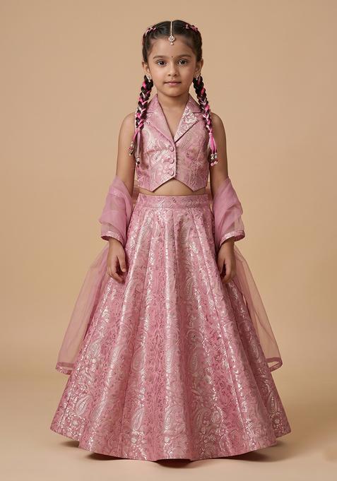 Girl's Dusty Pink Jacquard Silk Lehenga Set