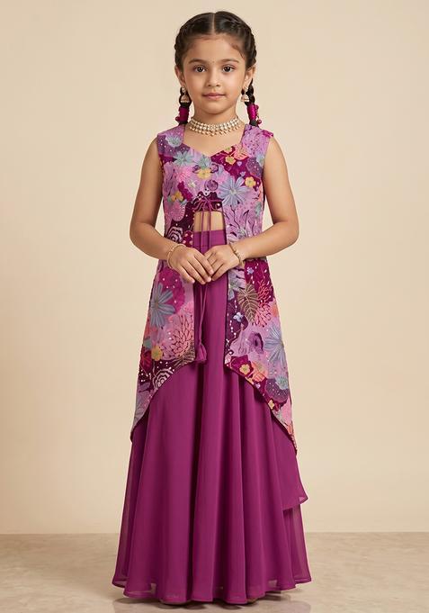 Girl's Magenta Purple Printed Crepe Fusion Set