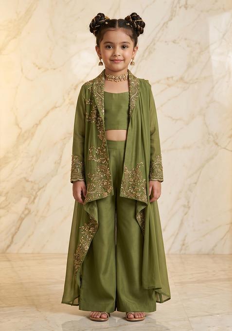 Girl's Olive Green Embroidered Handwork Fusion Set