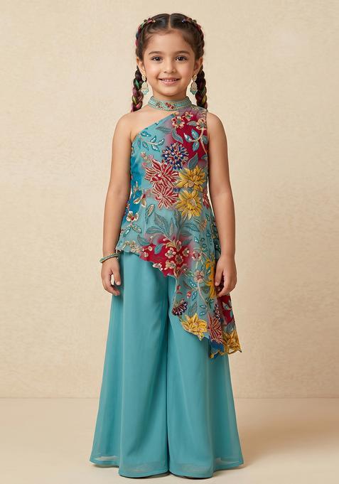 Girl's Turquoise Blue Printed Crepe Fusion Set