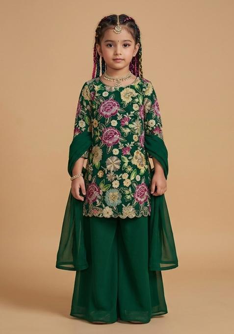 Girl's Green Embroidered Crepe Sharara Set