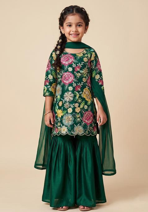 Girl's Green Embroidered Crepe Sharara Set