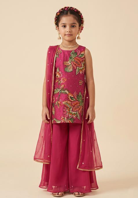 Girl's Red Floral Print Tissue Sharara Set