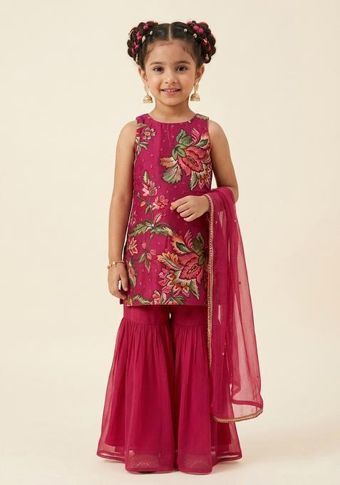 Girl's Red Floral Print Tissue Sharara Set