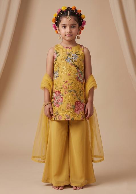 Girl's Yellow Floral Print Tissue Sharara Set