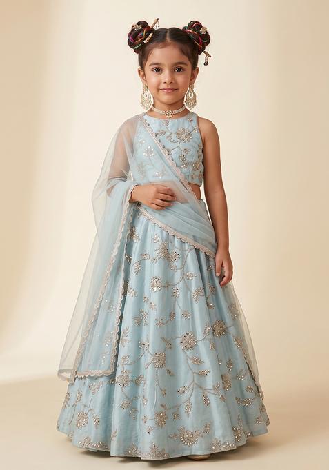 Girl's Blue Embroidered Silk Lehenga Set
