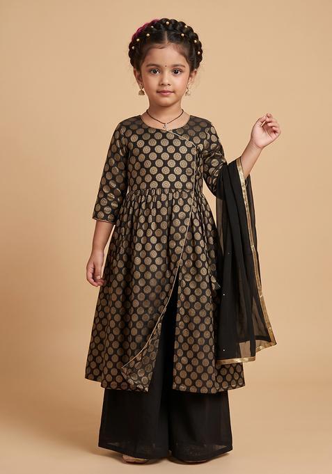 Girl's Black Brocade Anarkali Set