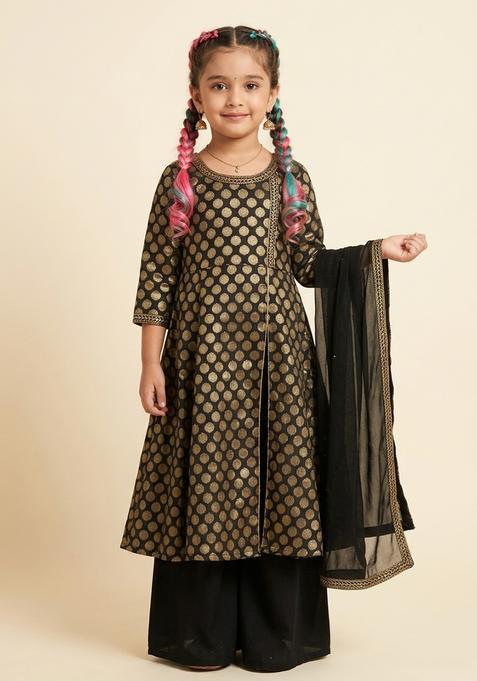 Girl's Black Brocade Anarkali Set